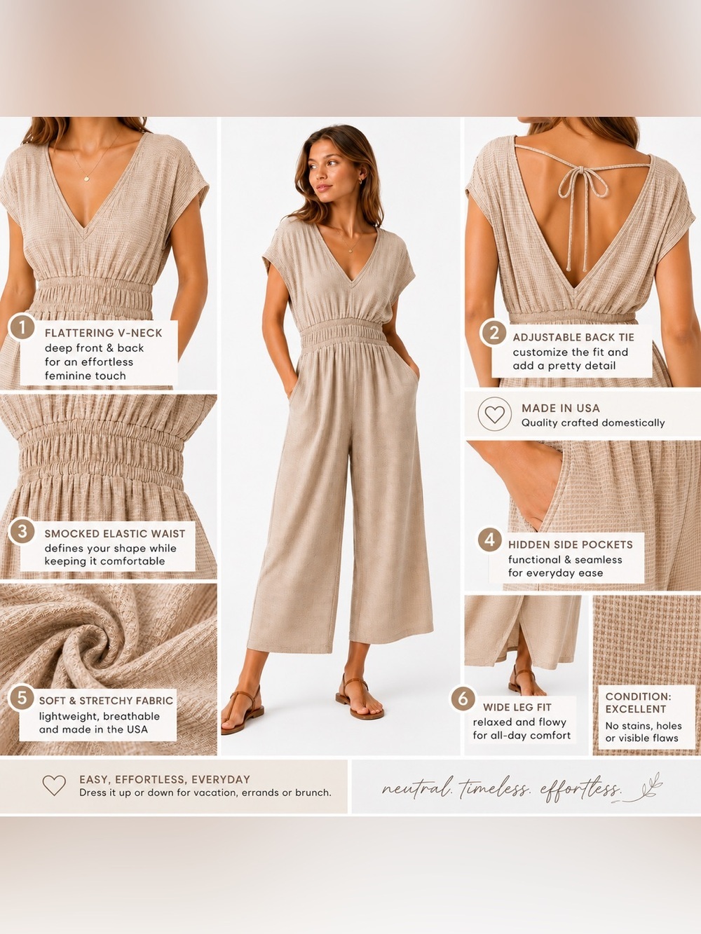 By Together Taupe Wide Leg Jumpsuit Pockets Made USA Small - Picture 4 of 15
